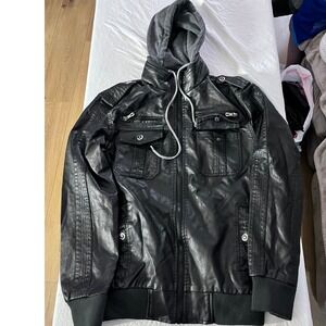 Maximos USA Mens Black Faux Leather Hooded Bomber Jacket M